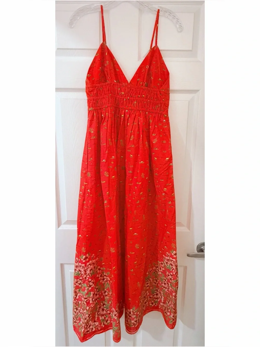 🆕 NWT J.Crew Smocked-waist V-neck dress in map print, California Poppy size 6